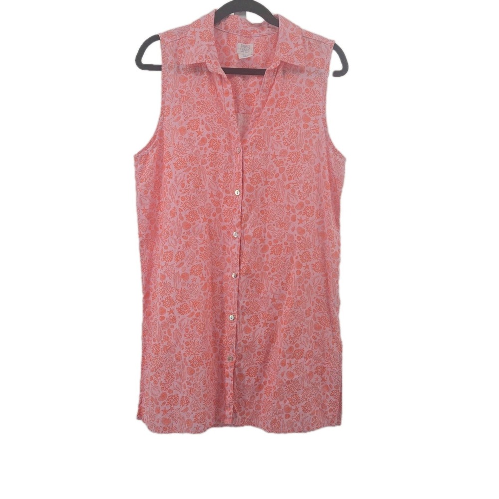 Sigrid Olsen Size Medium Pink Orange Linen Button Front Sundress Sea Life Print